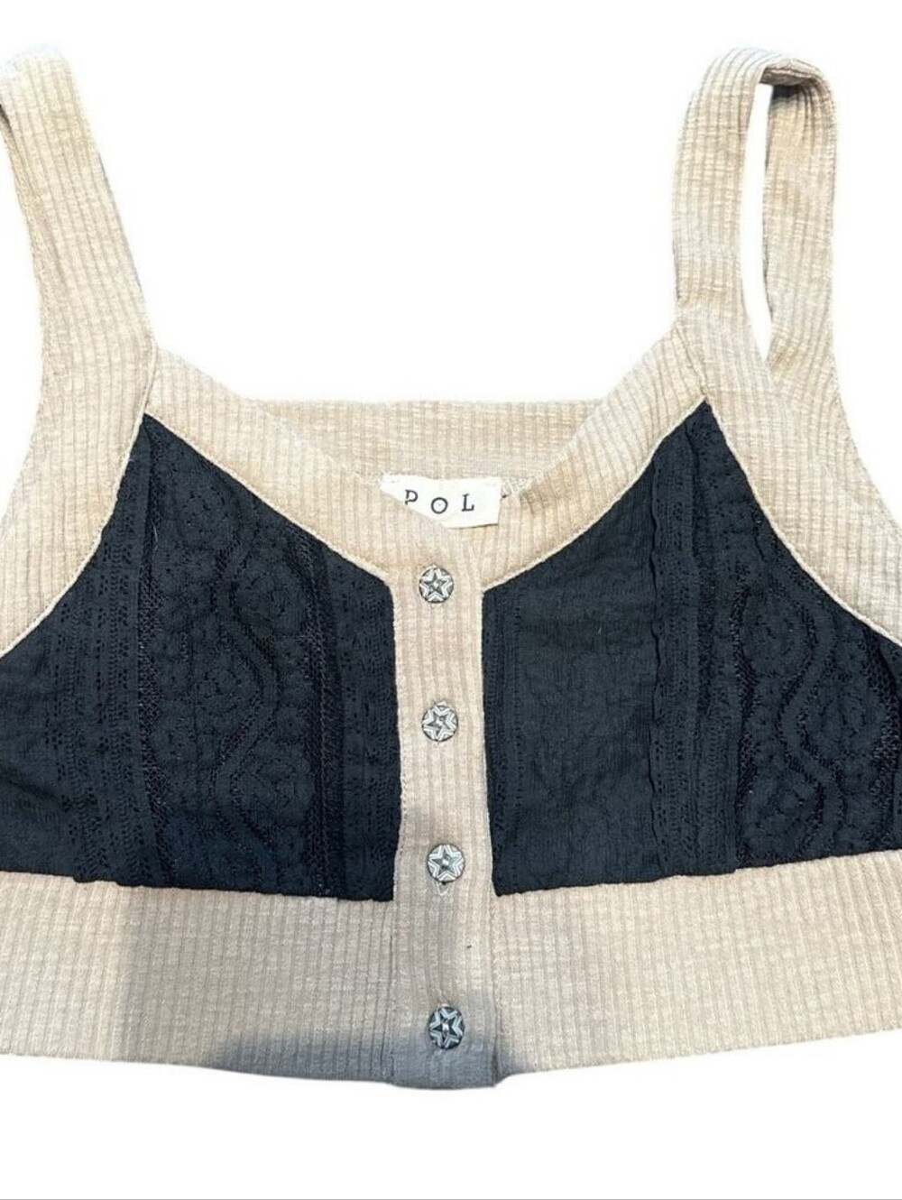 POL Color Block Ribbed Button‑Front Crop Tank Top – Cream & Charcoal Small